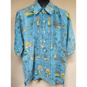 Sunset Highway Mens Button Up Hawaiian Shirt Large Blue Cotton Short Sleeve